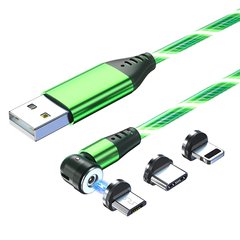 Кабель, що світиться USB Type-C, Micro USB, Lightning (магнітний, повертається, зелений)
